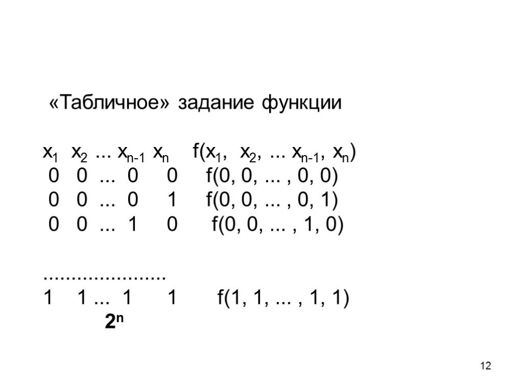 12 «Табличное» задание функции x1 x2 ... xn-1 xn f(x1, x2, ... xn-1, xn)